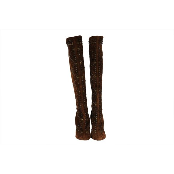 Saint Laurent Womens Ella Studded Knee Boots US 7 EU 37 Brown Suede - Picture 4 of 16